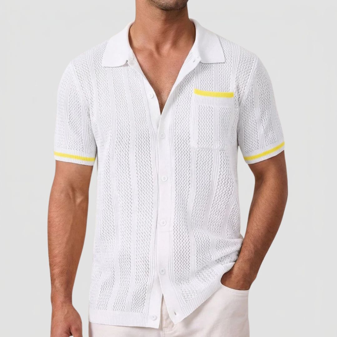 Men's Knitted Short Sleeve Shirt with Camp Collar