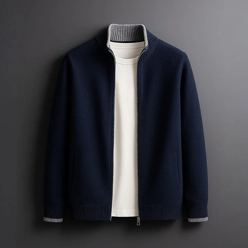 Men's Knitted Zip-up Cardigan with Ribbed Cuffs and Stand Collar