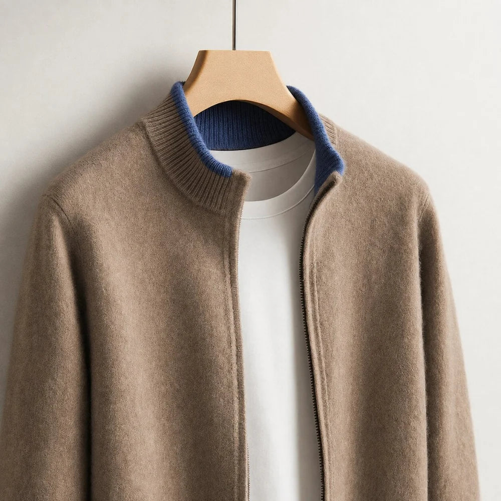Men's Knitted Zip-up Cardigan with Ribbed Cuffs and Stand Collar