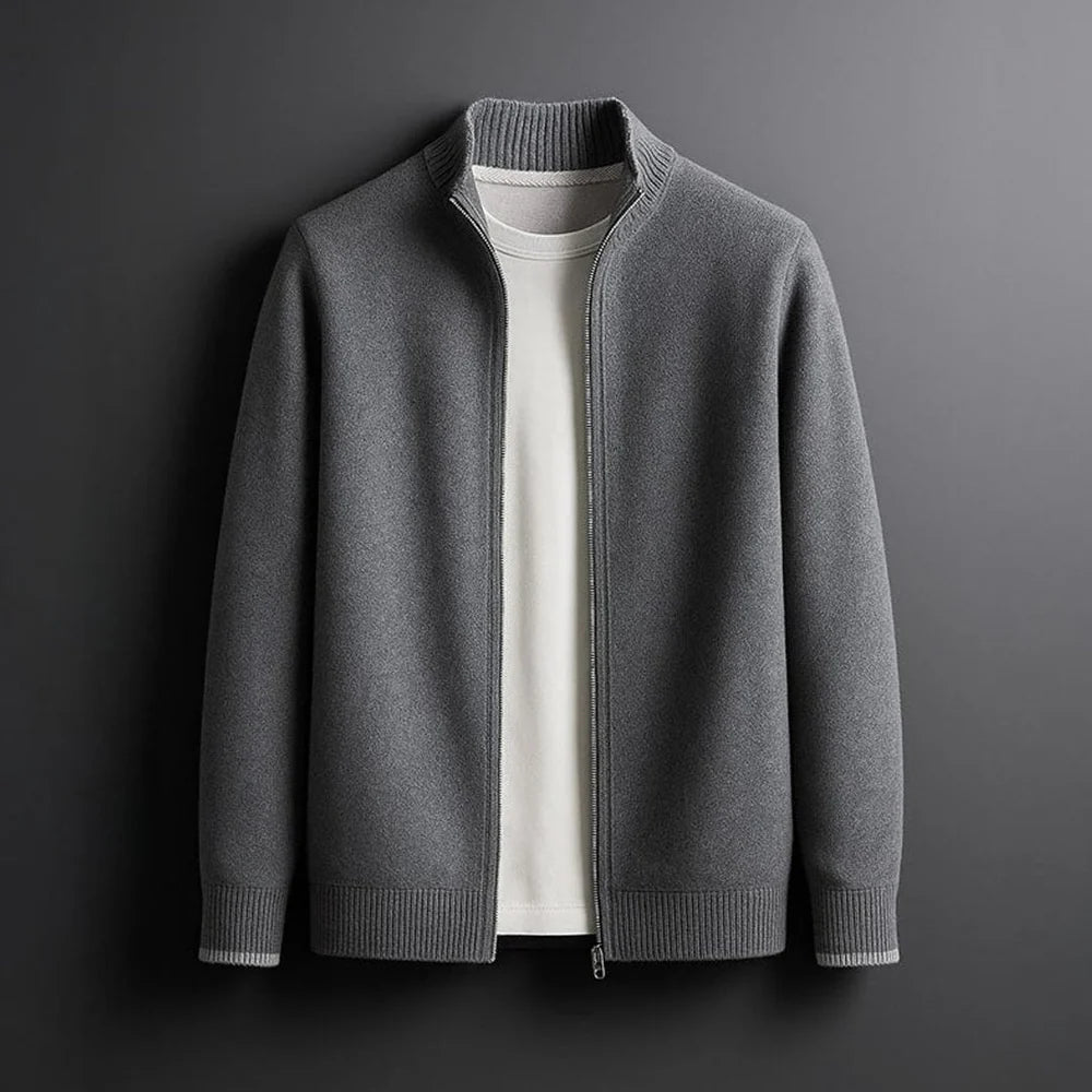 Men's Knitted Zip-up Cardigan with Ribbed Cuffs and Stand Collar