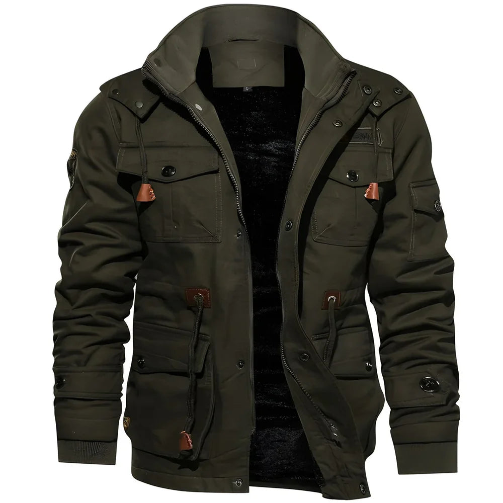 Men's Lined Winter Jacket with Zip and Button Closure
