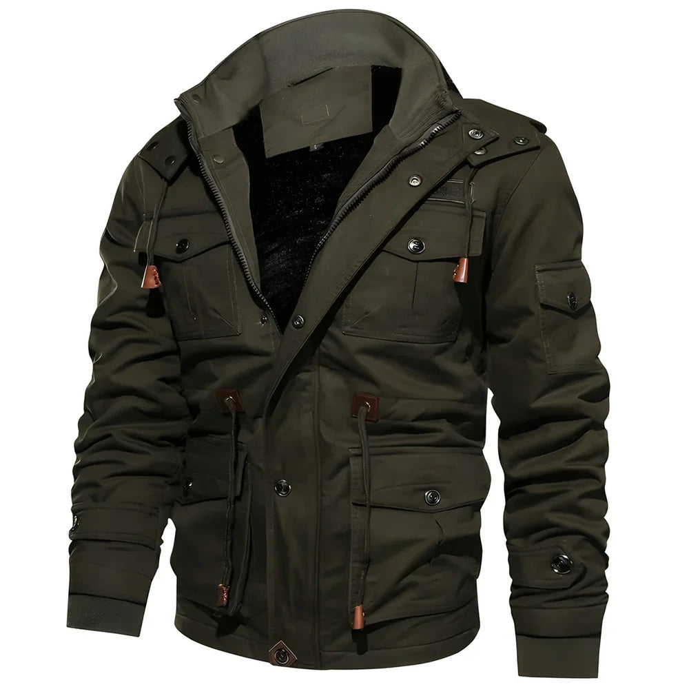 Men's Lined Winter Jacket with Zip and Button Closure