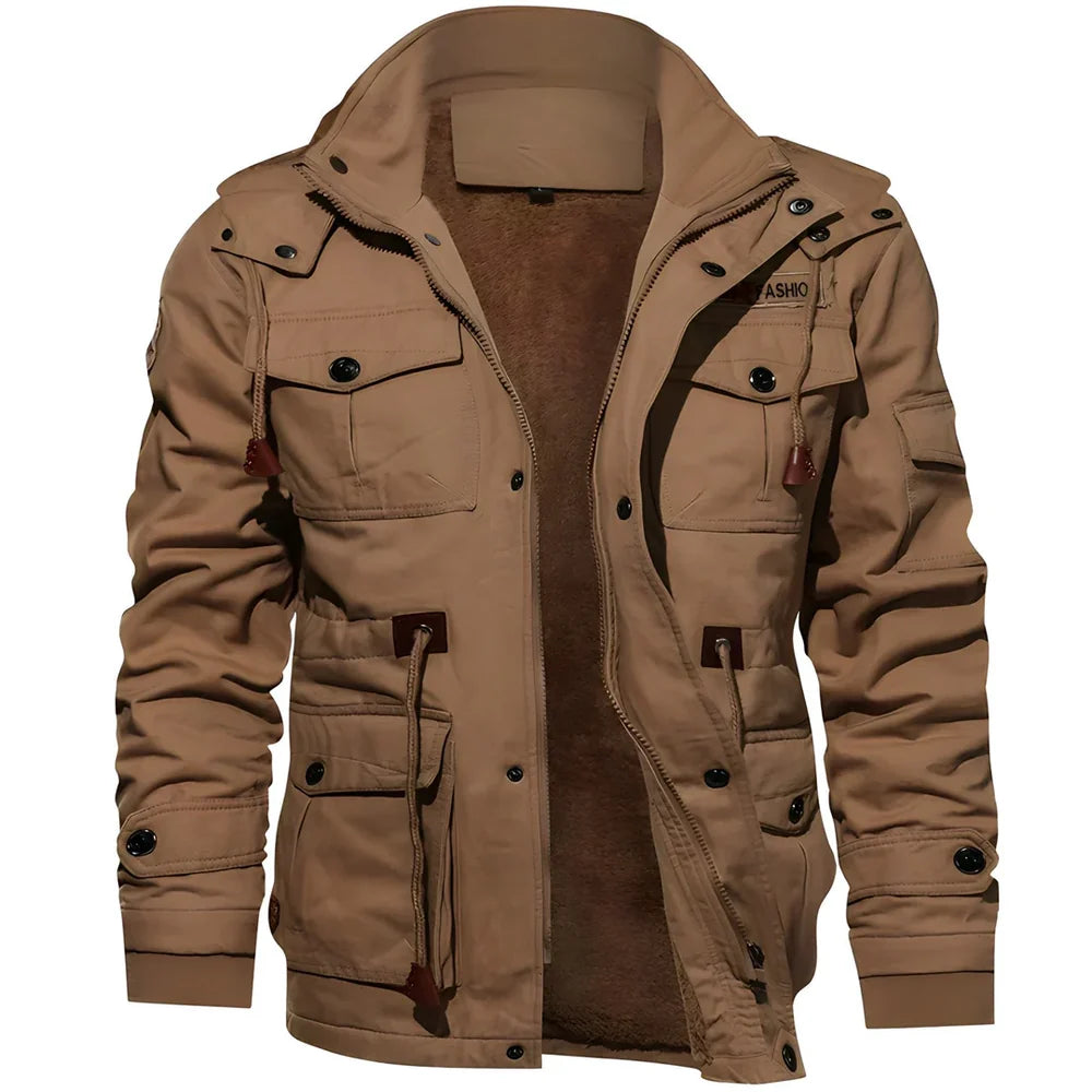 Men's Lined Winter Jacket with Zip and Button Closure