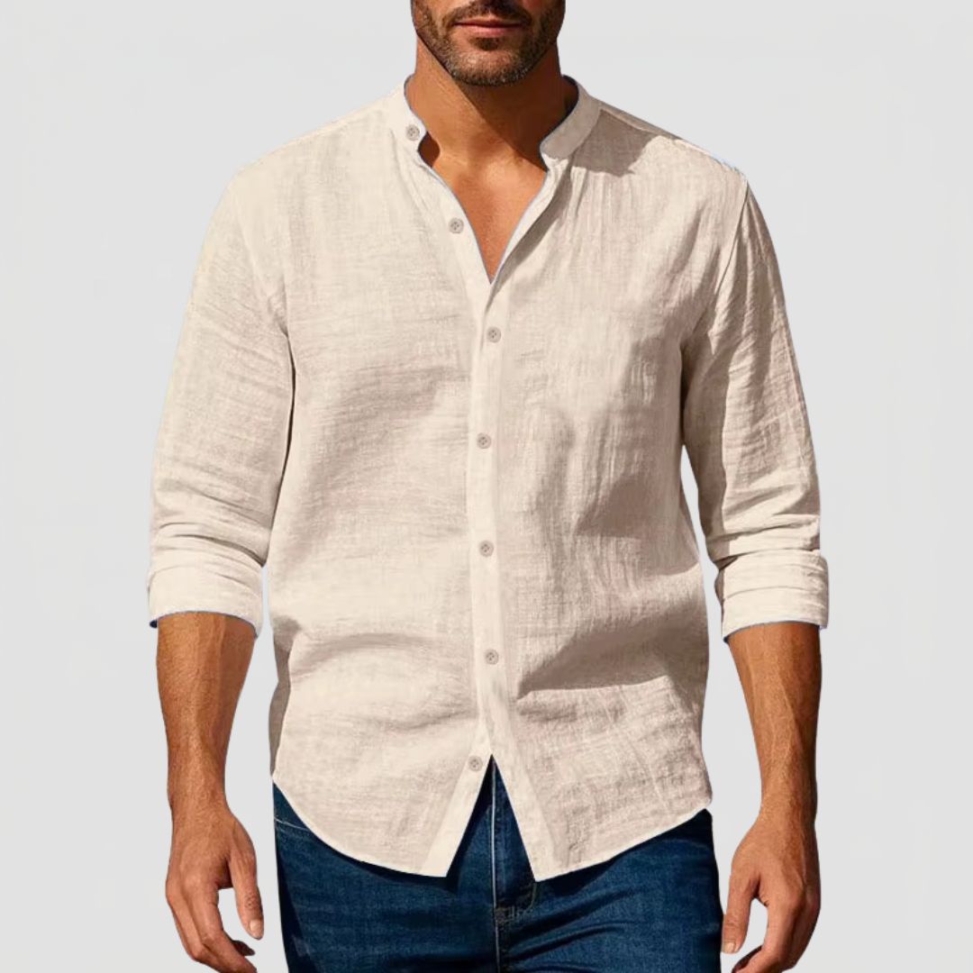 Men's Linen Henley Collar Shirt with Long Sleeves