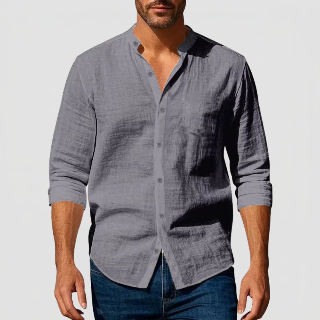 Men's Linen Henley Collar Shirt with Long Sleeves