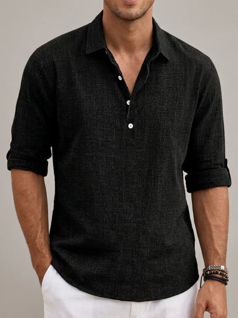 Men's Linen Mix Polo Shirt with Long Sleeves and Button Closure