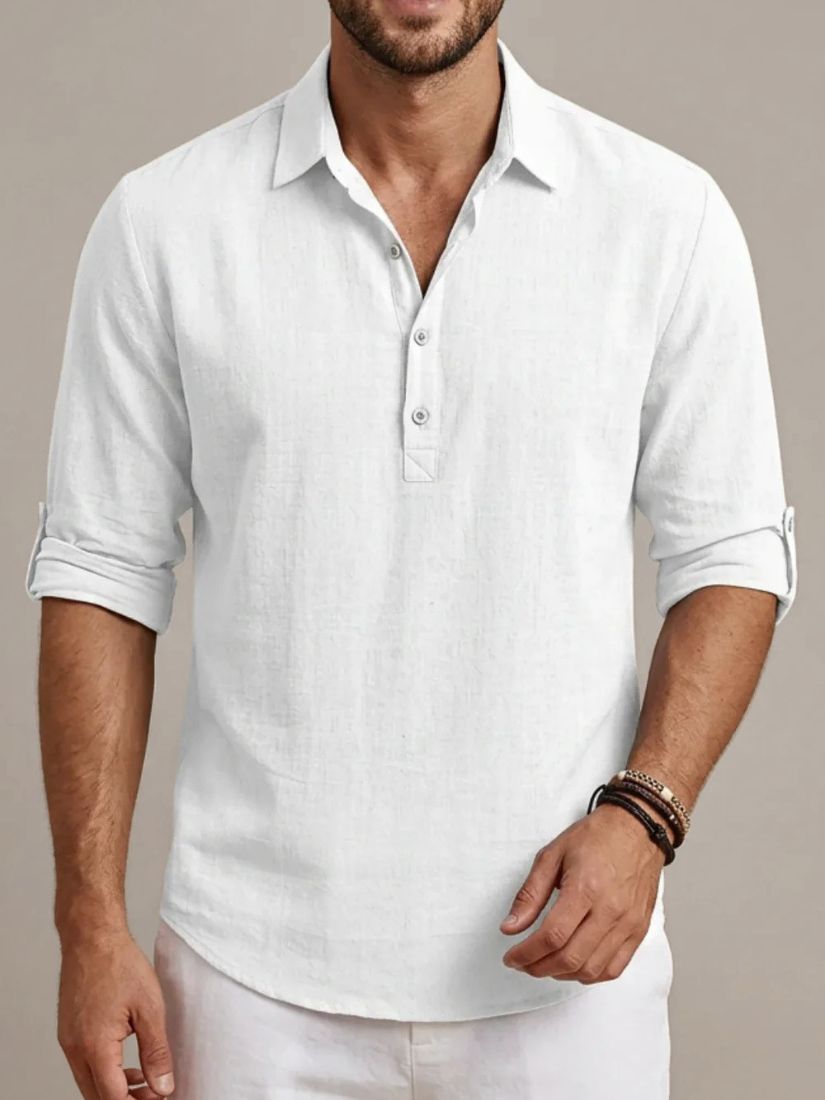 Men's Linen Mix Polo Shirt with Long Sleeves and Button Closure