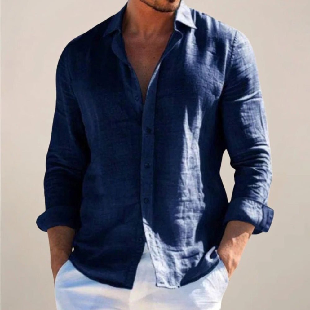 Men's Linen Mix Shirt with Long Sleeves and Button Closure