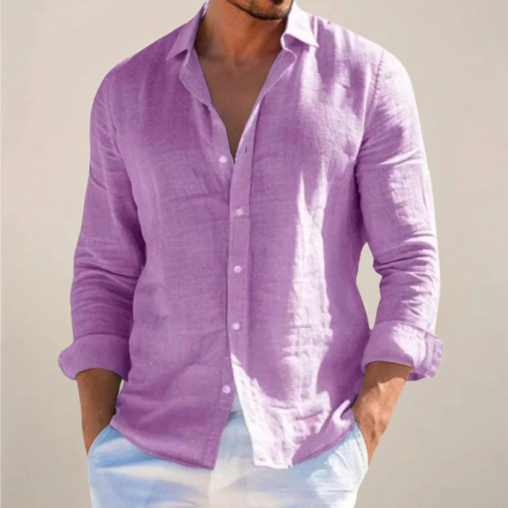 Men's Linen Mix Shirt with Long Sleeves and Button Closure