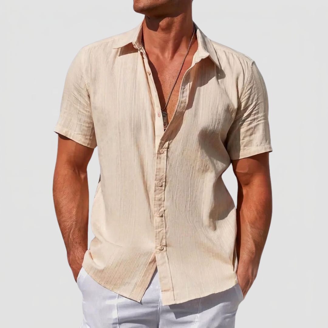 Men's Linen Mix Short Sleeve Shirt with Textured Stripe Pattern