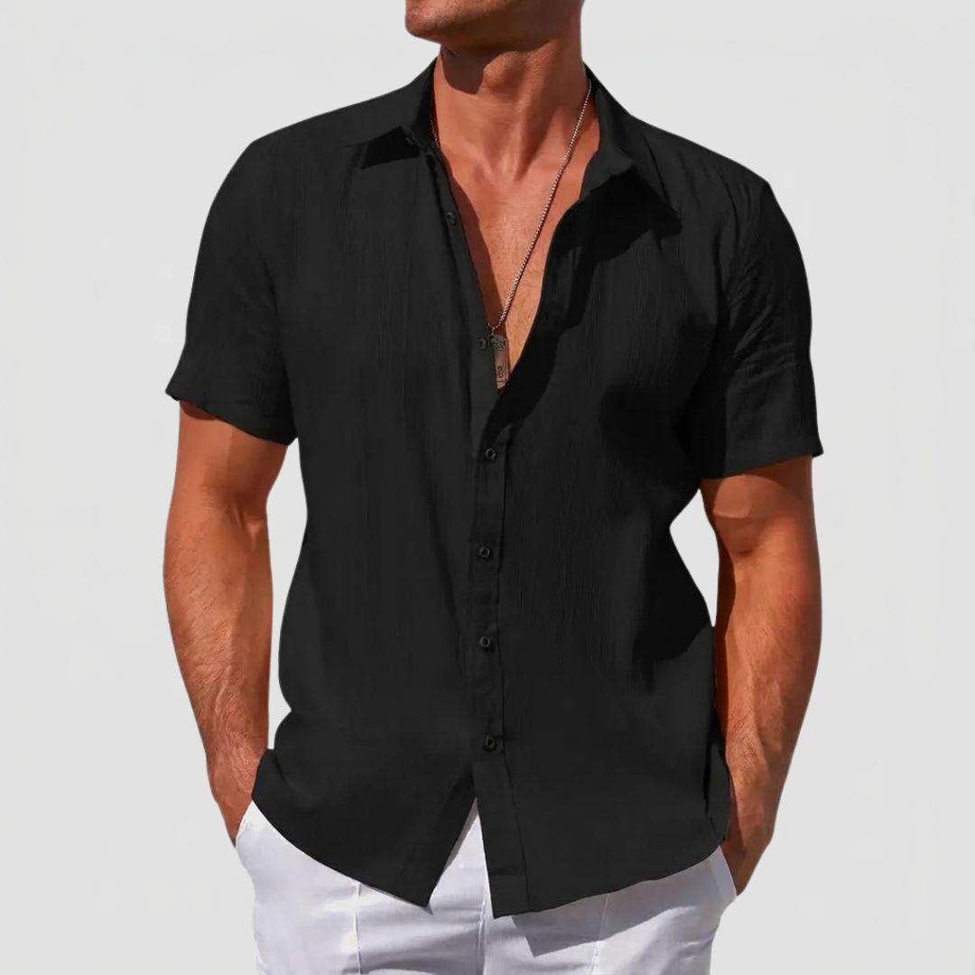 Men's Linen Mix Short Sleeve Shirt with Textured Stripe Pattern