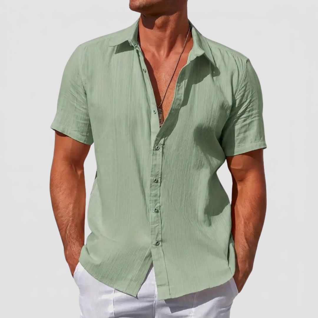 Men's Linen Mix Short Sleeve Shirt with Textured Stripe Pattern