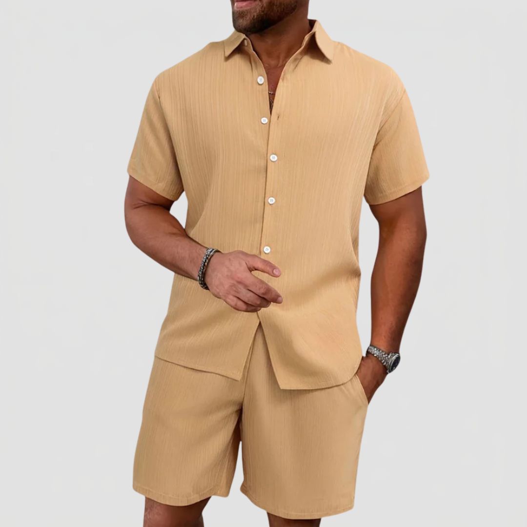 Men's Linen Mix Summer Set with Short Sleeve Shirt and Shorts