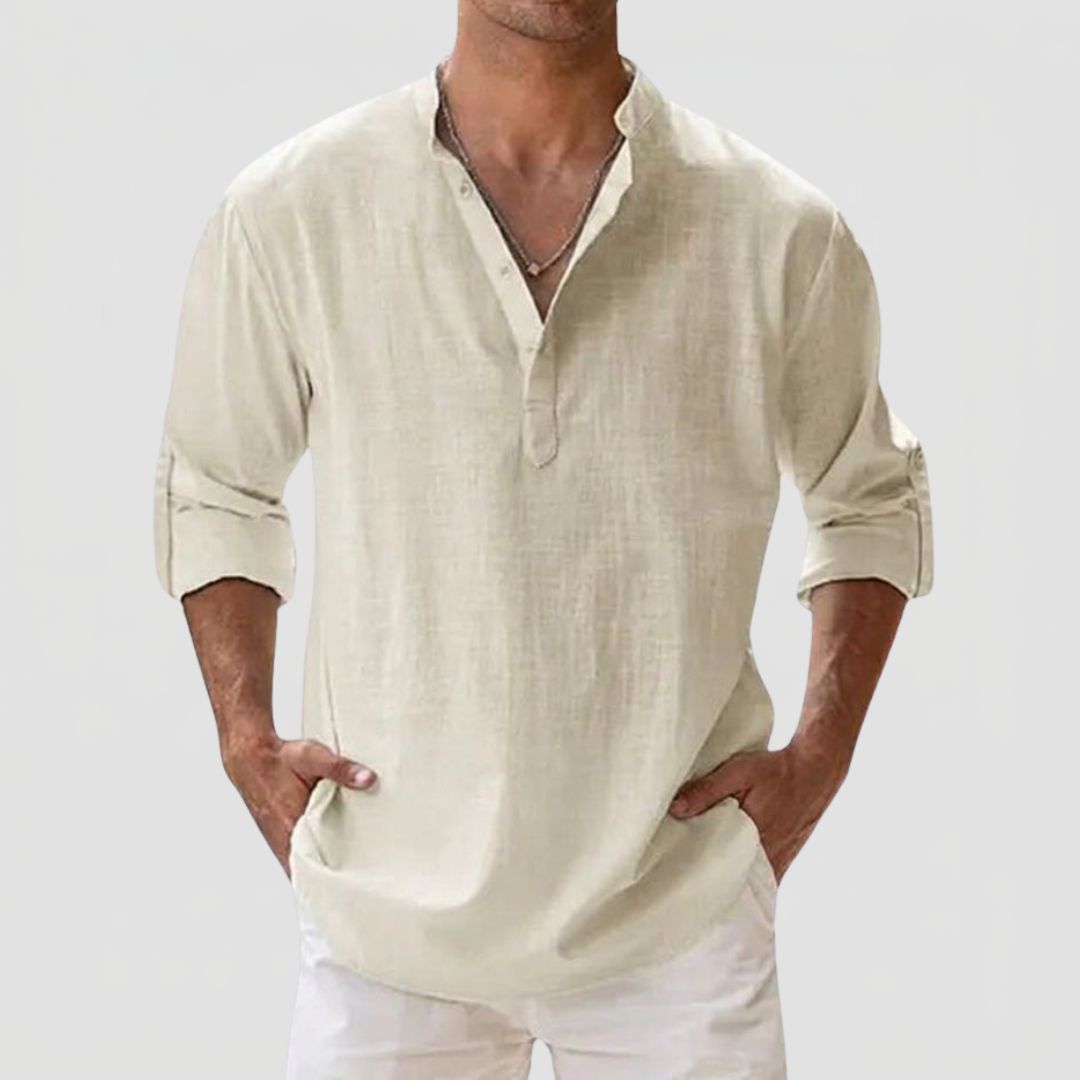 Men's Linen Shirt with Henley Collar and Long Sleeves