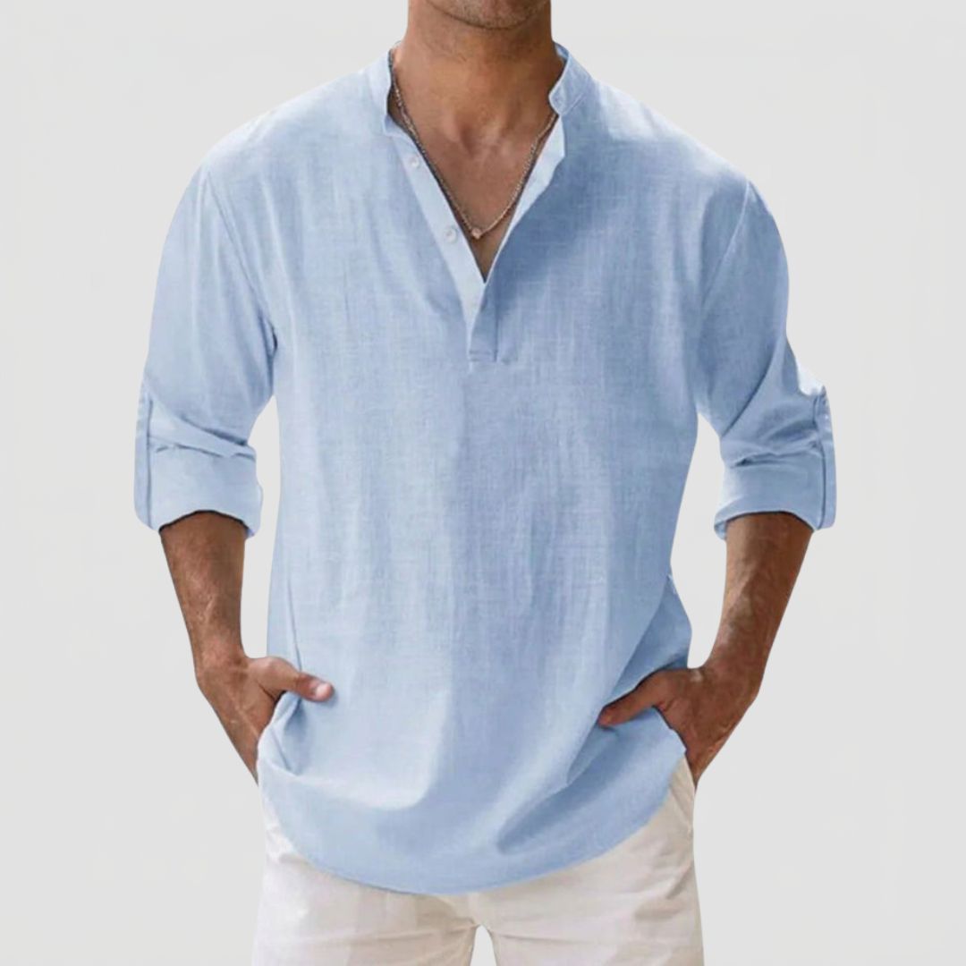 Men's Linen Shirt with Henley Collar and Long Sleeves
