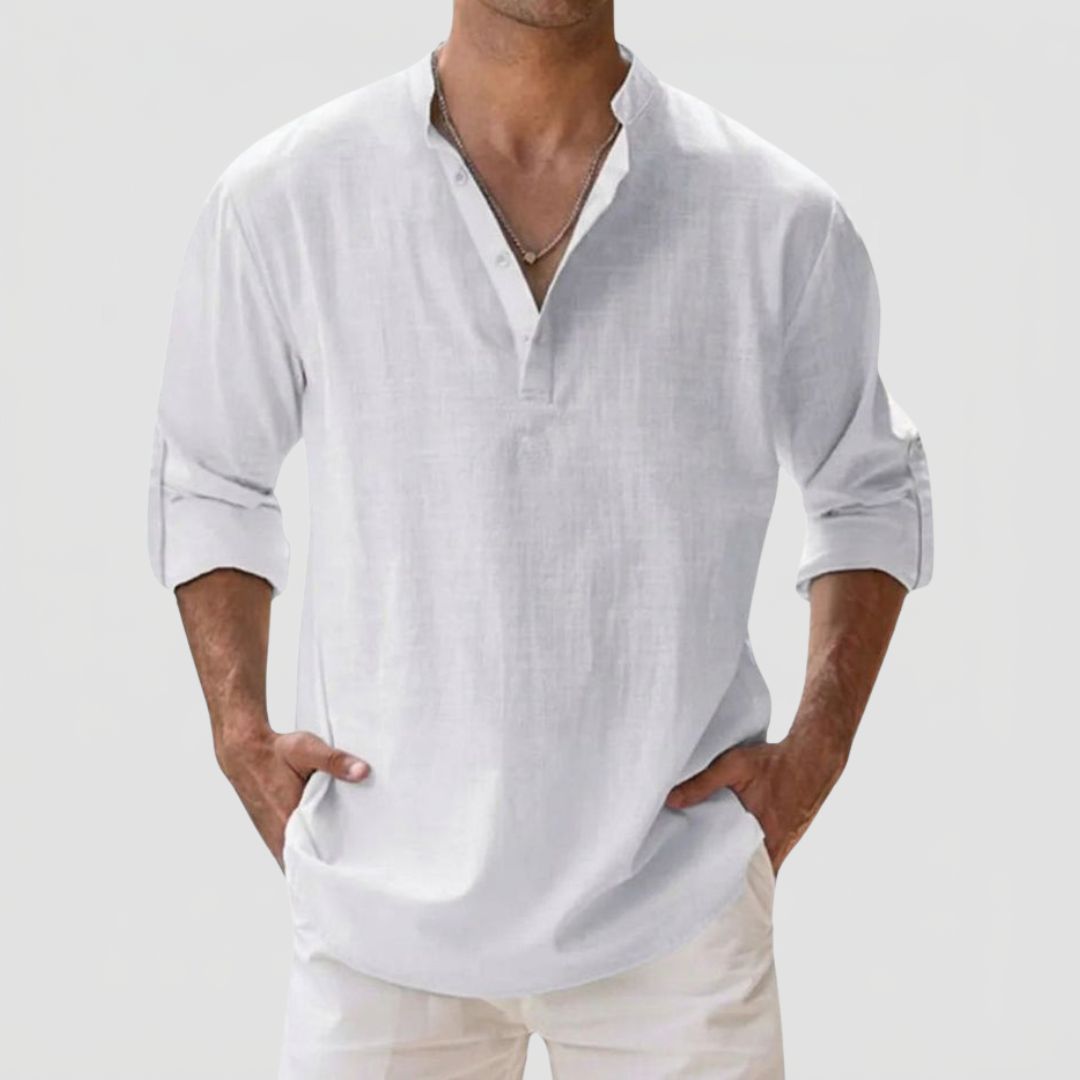 Men's Linen Shirt with Henley Collar and Long Sleeves