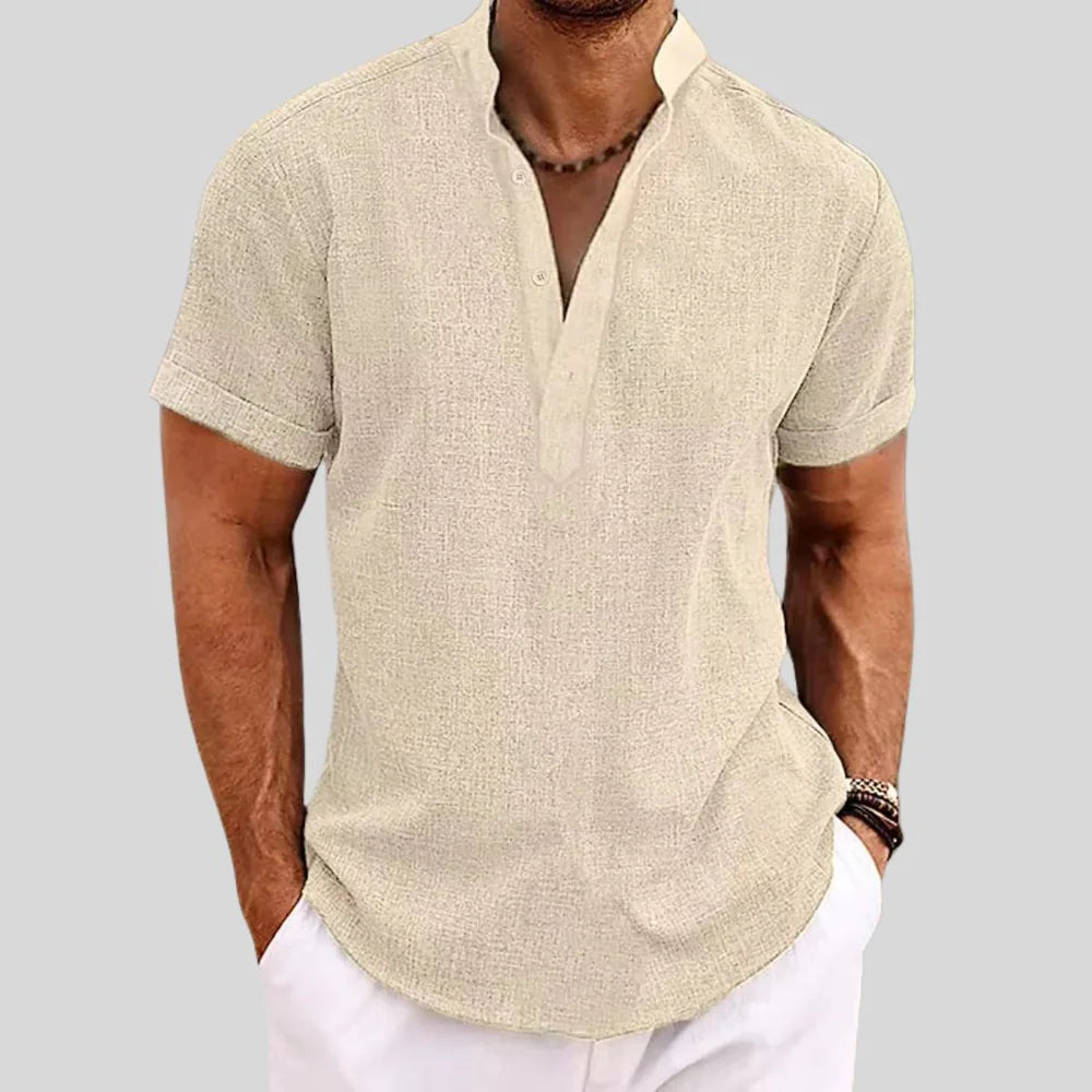 Men's Linen Shirt with Stand Collar and Short Sleeves