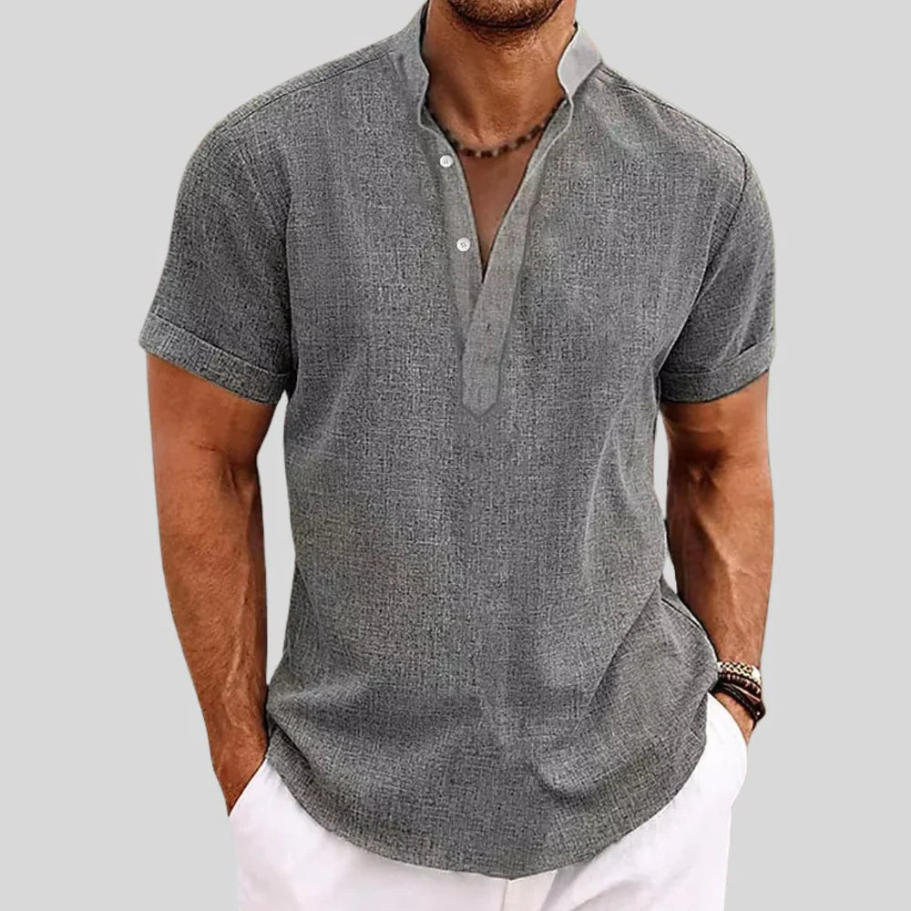 Men's Linen Shirt with Stand Collar and Short Sleeves
