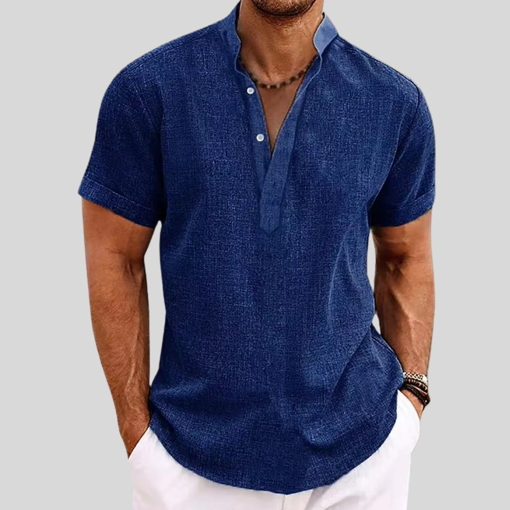 Men's Linen Shirt with Stand Collar and Short Sleeves
