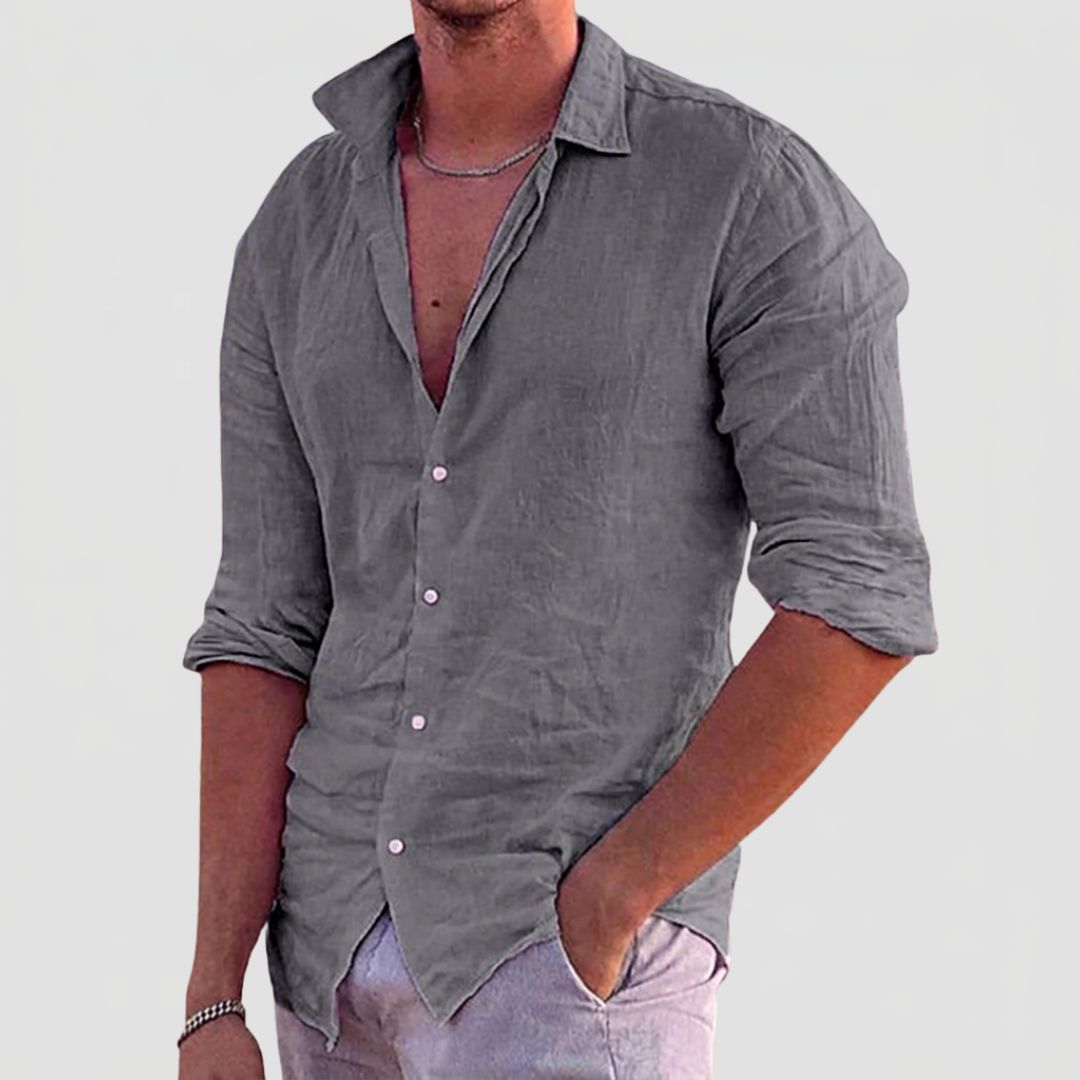 Men's Linen Summer Shirt with Classic Collar and Long Sleeves