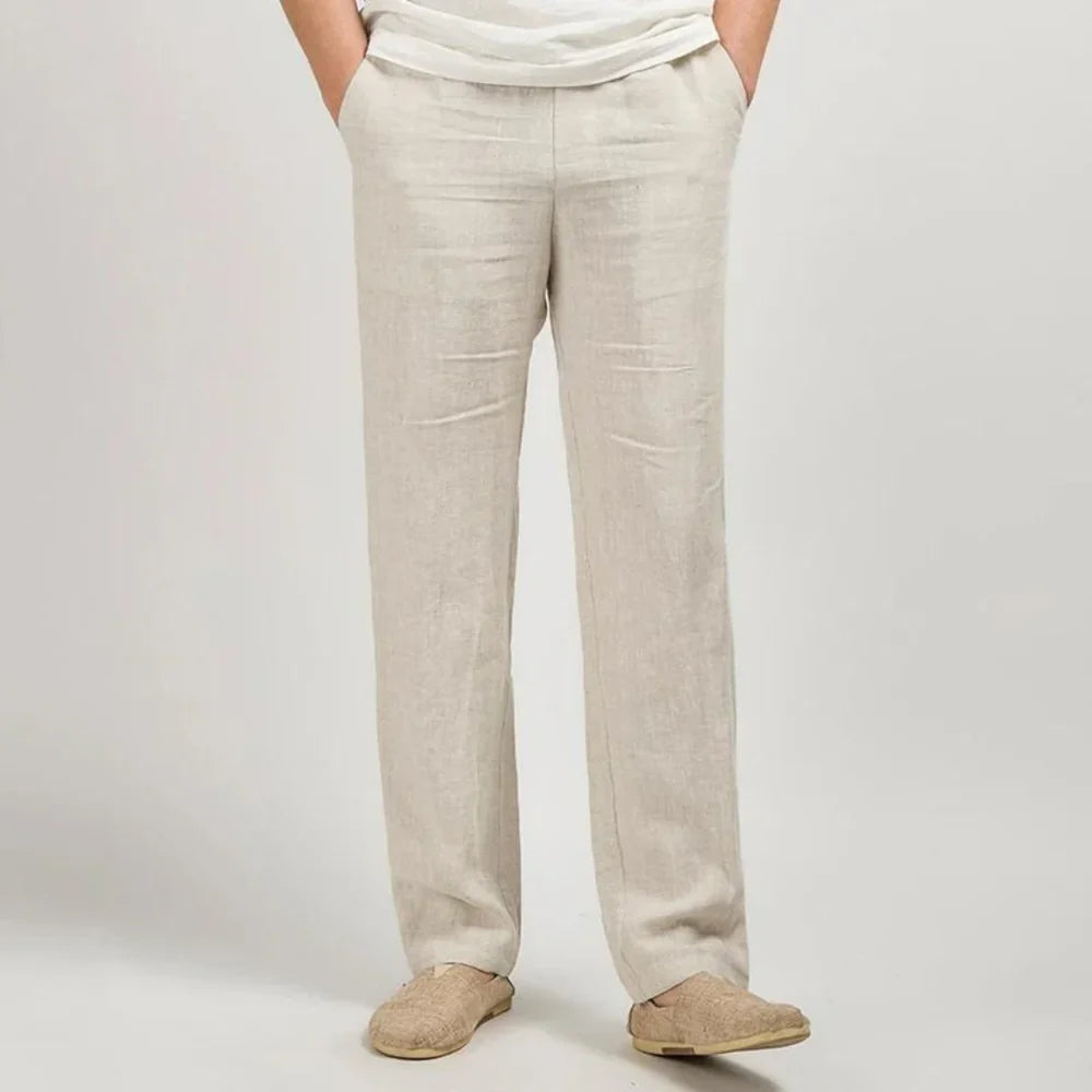 Men's Linen Trousers with Elasticated Waist and Straight Leg