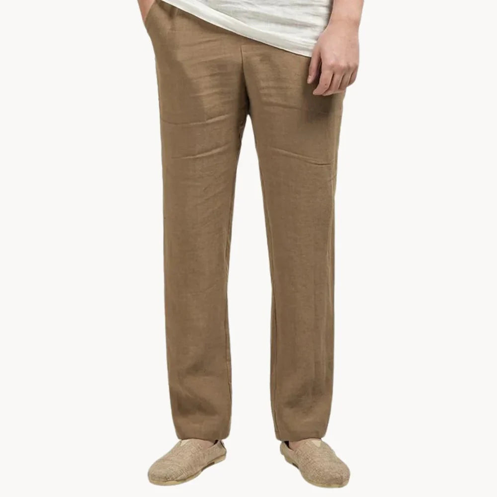 Men's Linen Trousers with Elasticated Waist and Straight Leg