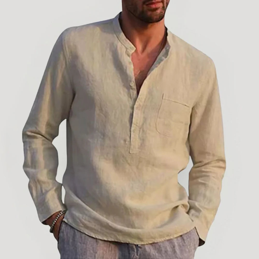 Men's Linen mix Shirt with Band Collar and Long Sleeves