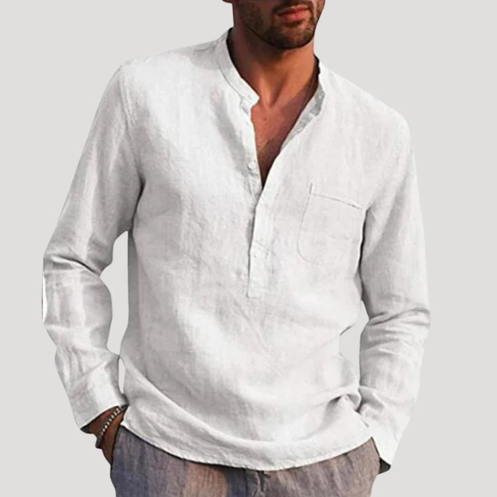 Men's Linen mix Shirt with Band Collar and Long Sleeves