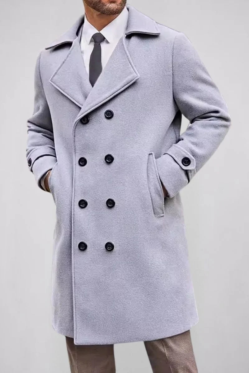 Men's Long Coat with Notch Lapel and Double Row Button Closure