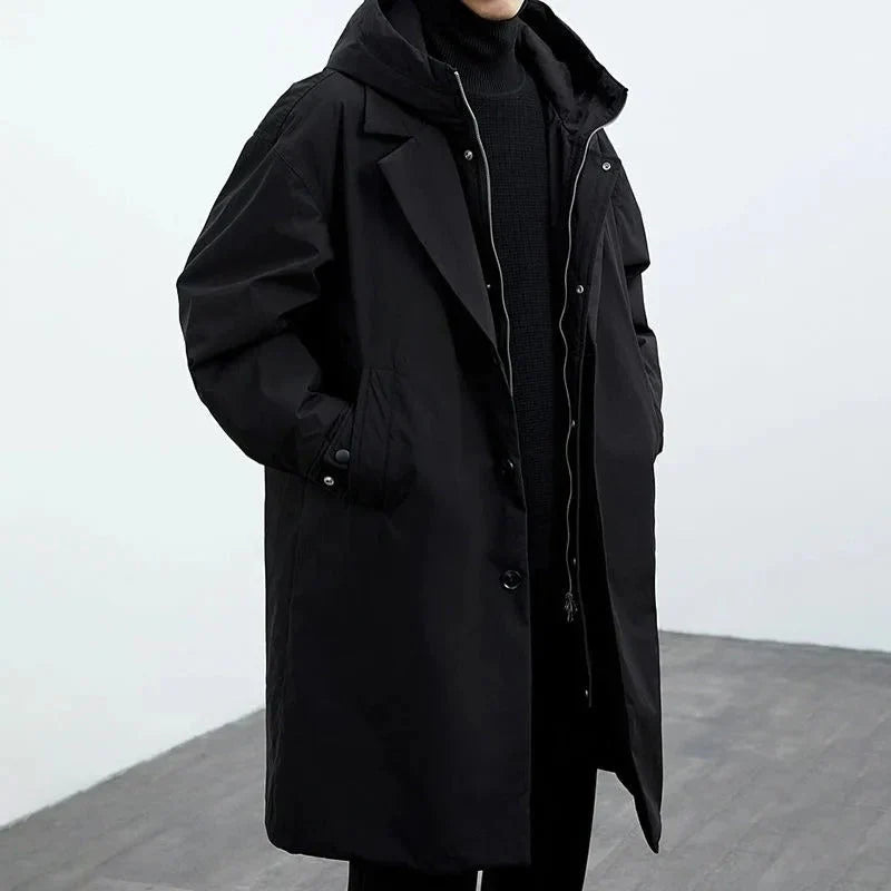 Men's Long Quilted Hooded Coat with Water-Resistant Outer