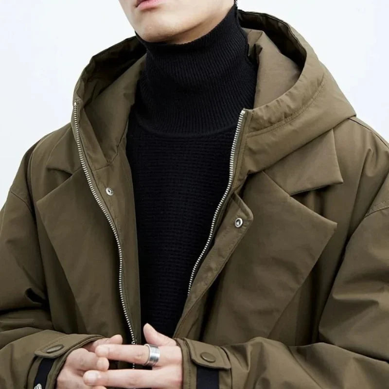 Men's Long Quilted Hooded Coat with Water-Resistant Outer