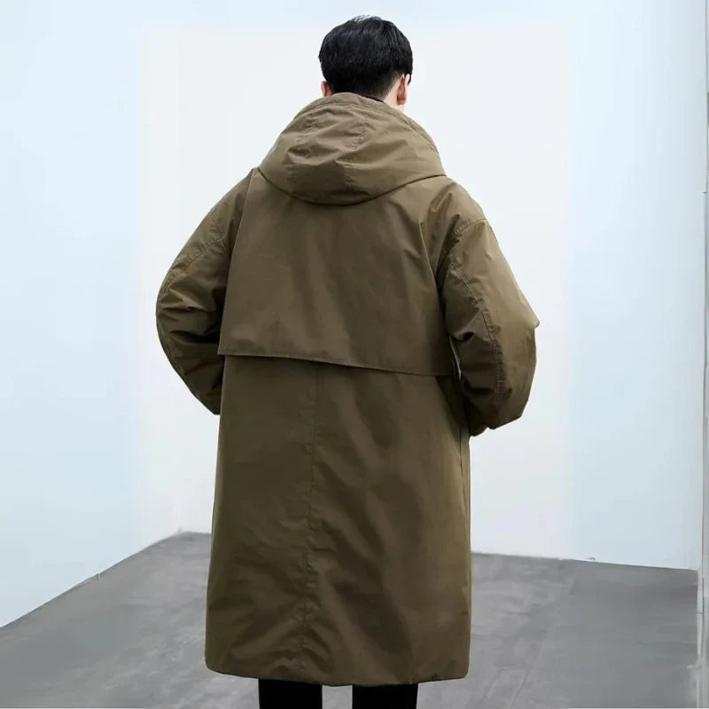 Men's Long Quilted Hooded Coat with Water-Resistant Outer