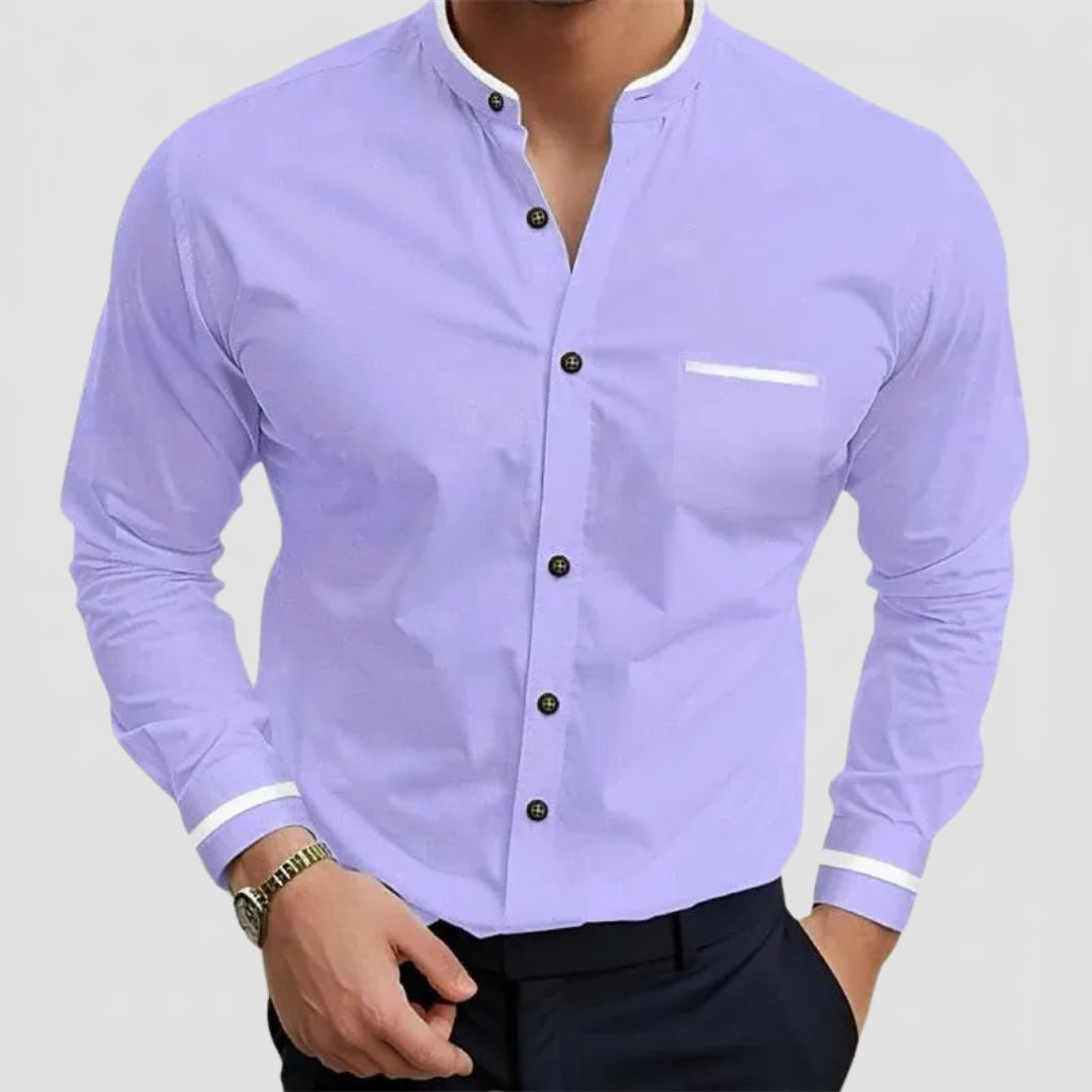 Men's Long Sleeve Grandad Collar Shirt with Contrast Trim