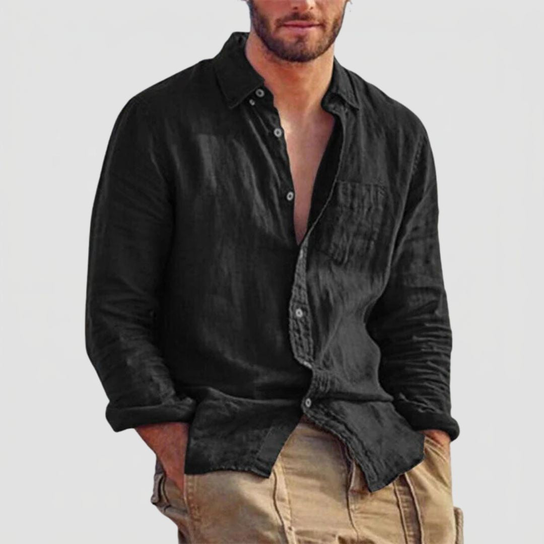 Men's Long Sleeve Linen Mix Shirt with Classic Collar and Button Closure