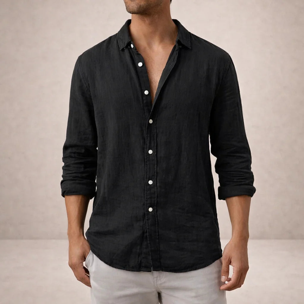 Men's Long Sleeve Linen Mix Shirt with Classic Collar and Relaxed Fit