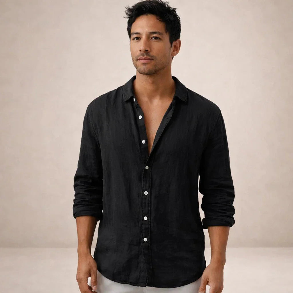 Men's Long Sleeve Linen Mix Shirt with Classic Collar and Relaxed Fit