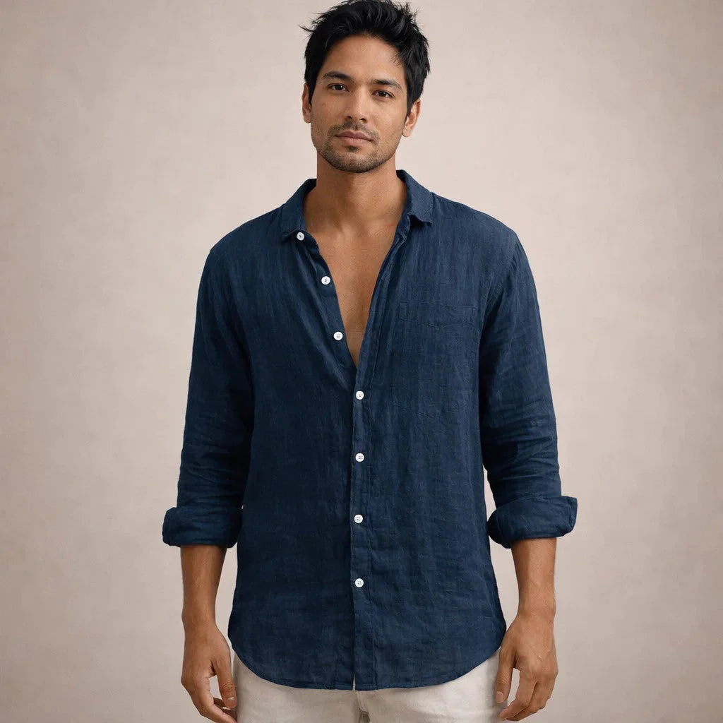 Men's Long Sleeve Linen Mix Shirt with Classic Collar and Relaxed Fit