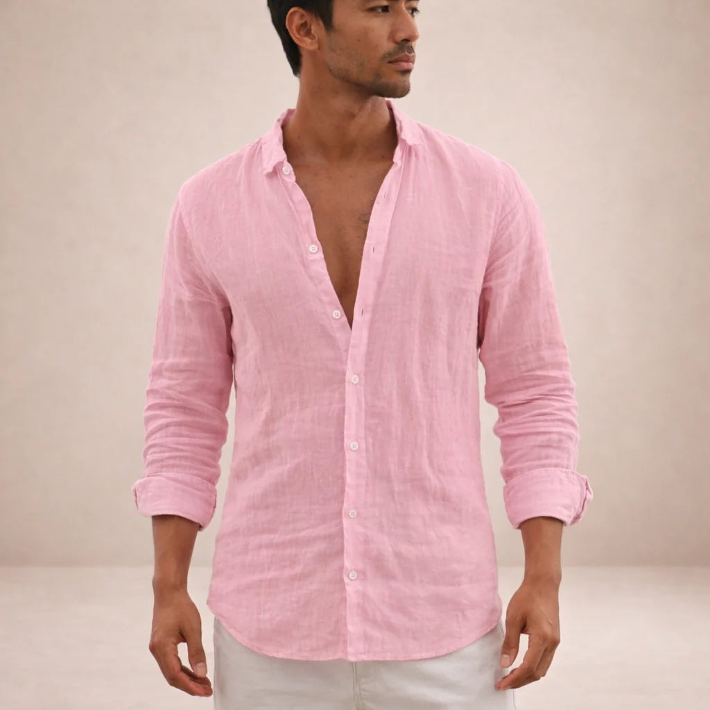 Men's Long Sleeve Linen Mix Shirt with Classic Collar and Relaxed Fit