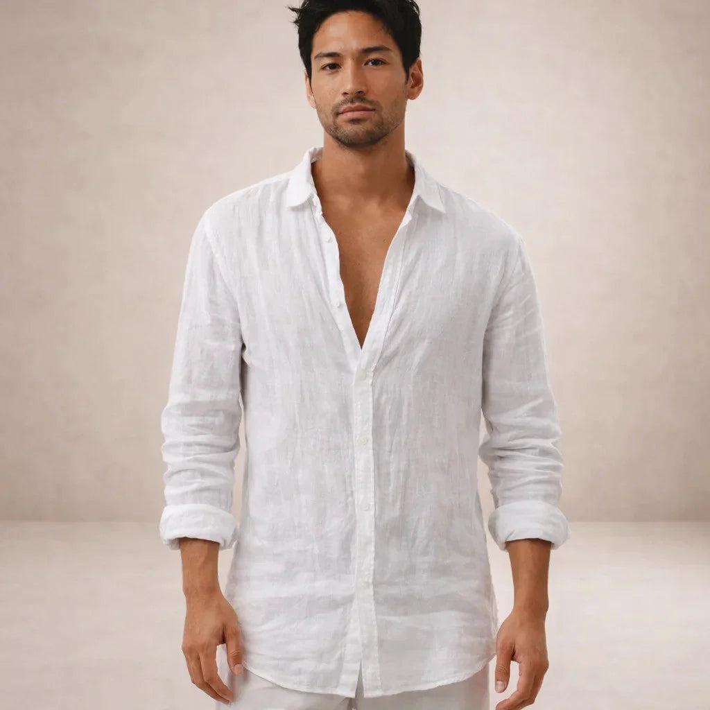 Men's Long Sleeve Linen Mix Shirt with Classic Collar and Relaxed Fit