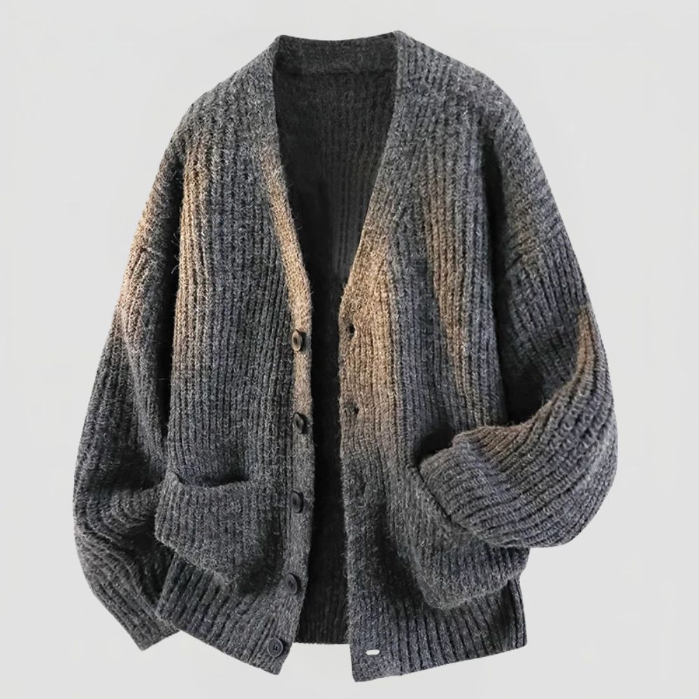 Men's Oversized Ribbed Knit Cardigan with V-Neck and Button Closure