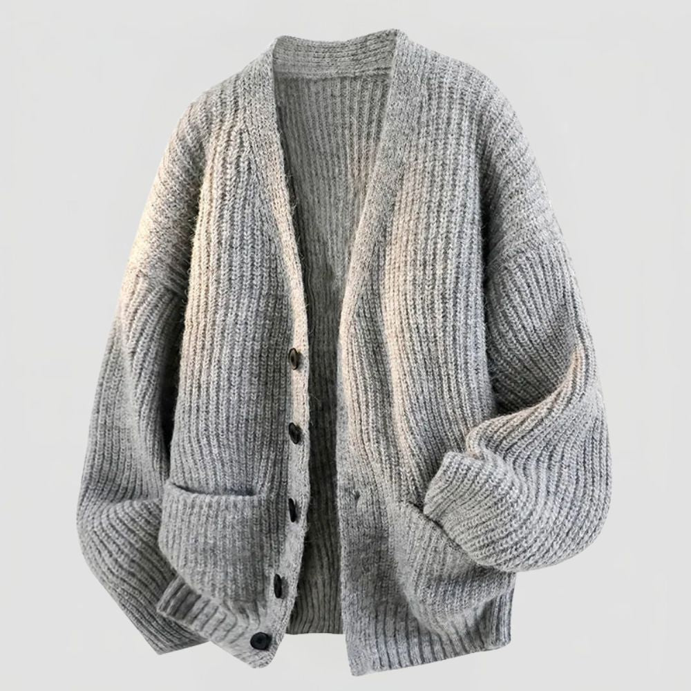 Men's Oversized Ribbed Knit Cardigan with V-Neck and Button Closure