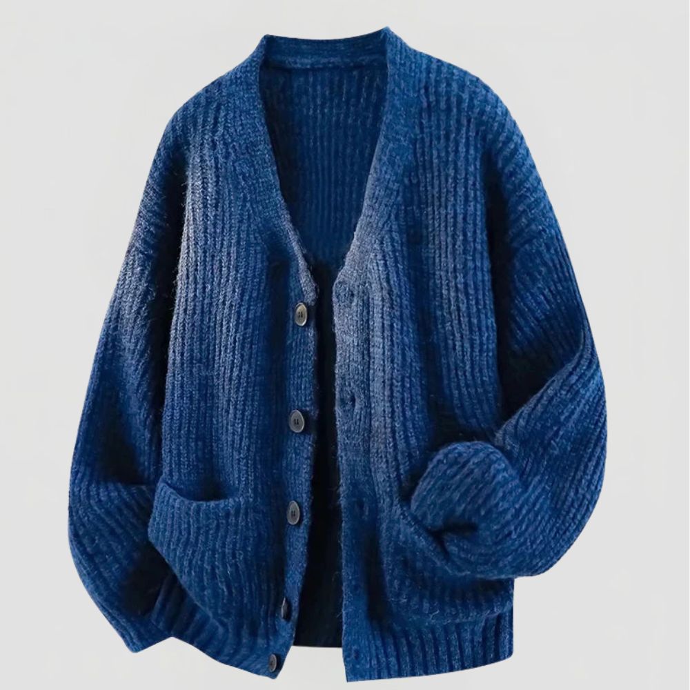 Men's Oversized Ribbed Knit Cardigan with V-Neck and Button Closure