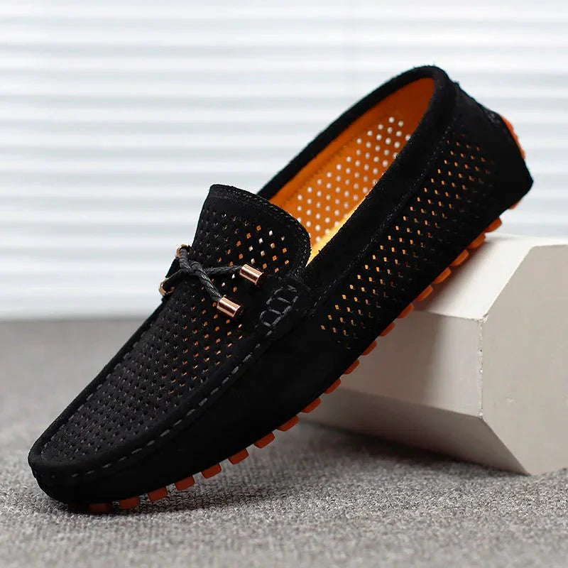 Men's Perforated Suede Slip-On Loafers with Metal Bow Detail