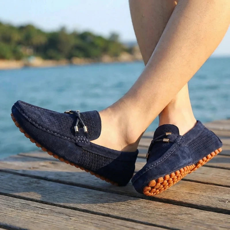 Men's Perforated Suede Slip-On Loafers with Metal Bow Detail