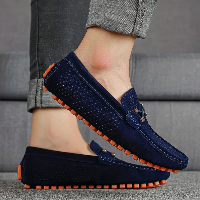 Men's Perforated Suede Slip-On Loafers with Metal Bow Detail