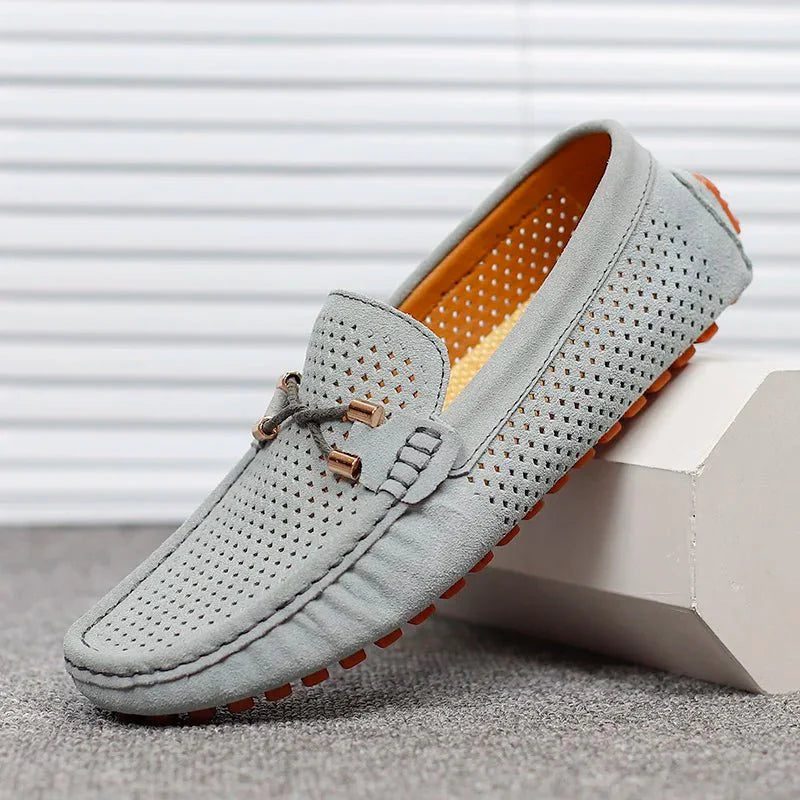 Men's Perforated Suede Slip-On Loafers with Metal Bow Detail