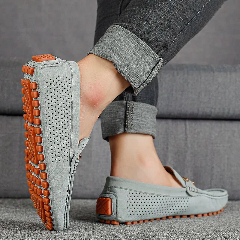 Men's Perforated Suede Slip-On Loafers with Metal Bow Detail