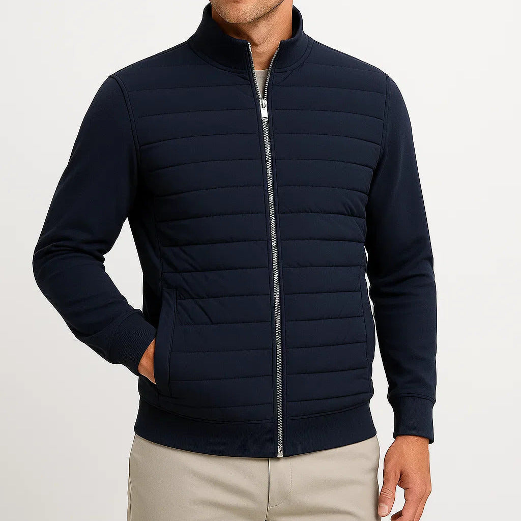 Men's Quilted Jacket with Knit Sleeves and Zip Closure