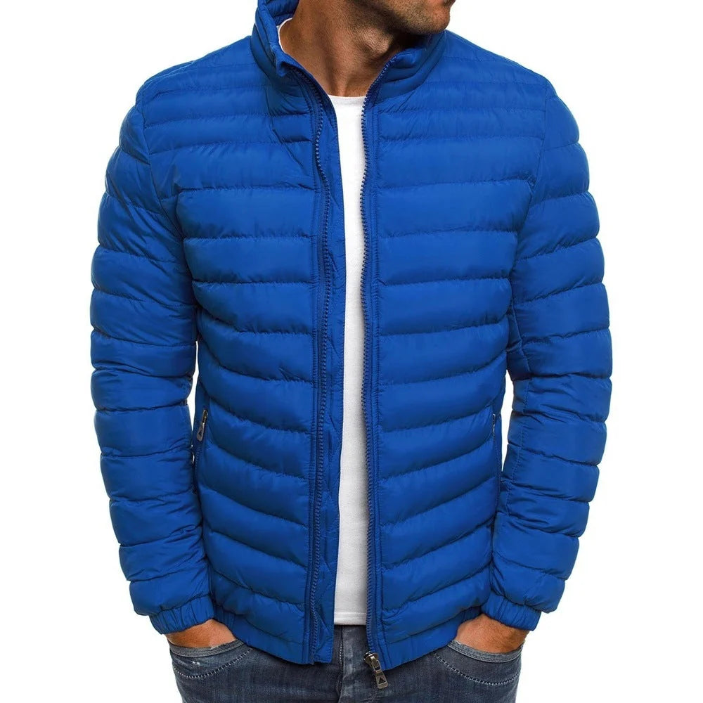 Men's Quilted Puffer Jacket with Stand Collar and Zip Closure