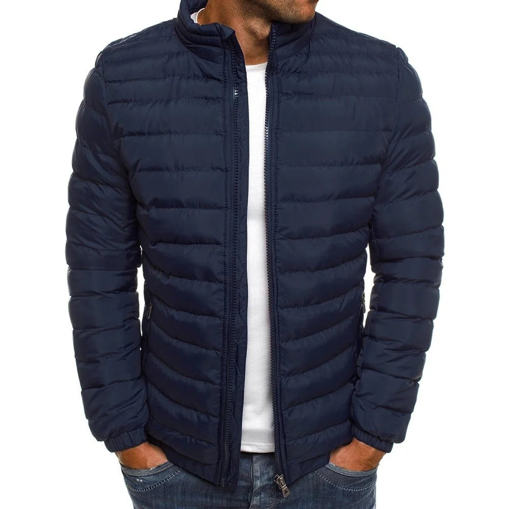 Men's Quilted Puffer Jacket with Stand Collar and Zip Closure